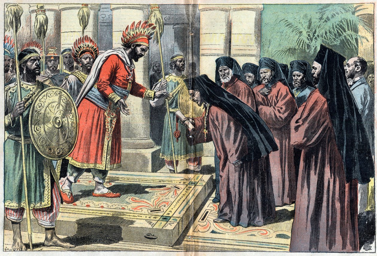 Mgr. Macaire omgiver 50 præster, overrækker brevet fra pave Leon XIII til kongen af Etiopien Menelik, der svarer "" Paven er vores far alt"", illustration fra avisen Le Pelerin 3. oktober af Unknown artist