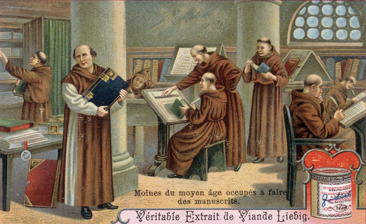 Middelaldermunk skriver manuskripter. Kromolitografi, Liebig-billede af Unknown artist