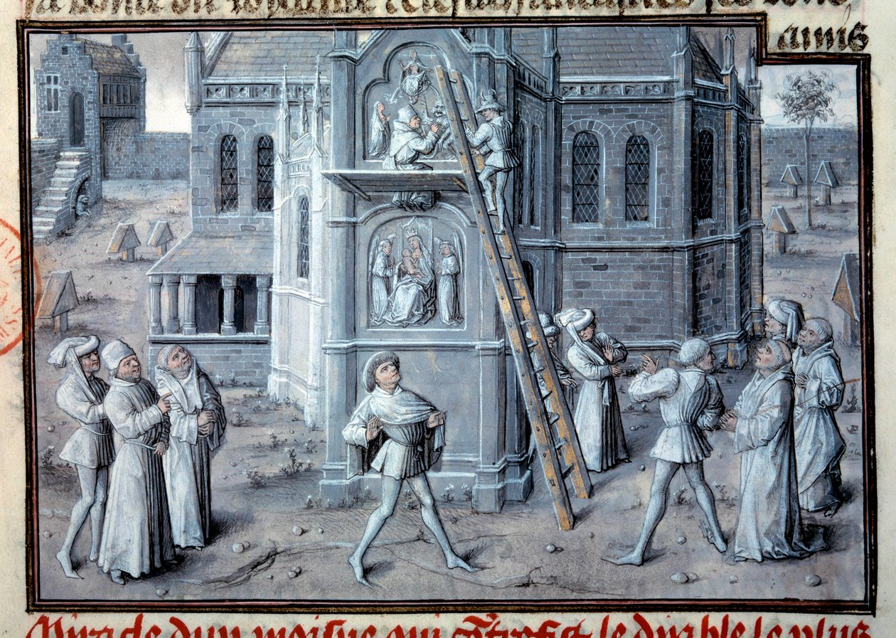 Middelalder: opførelsen af gotiske katedraler. Billedhuggere arbejder på relieffer på en skala. Miniature fra et manuskript. 1400-tallets Paris, B.N. af Unknown artist