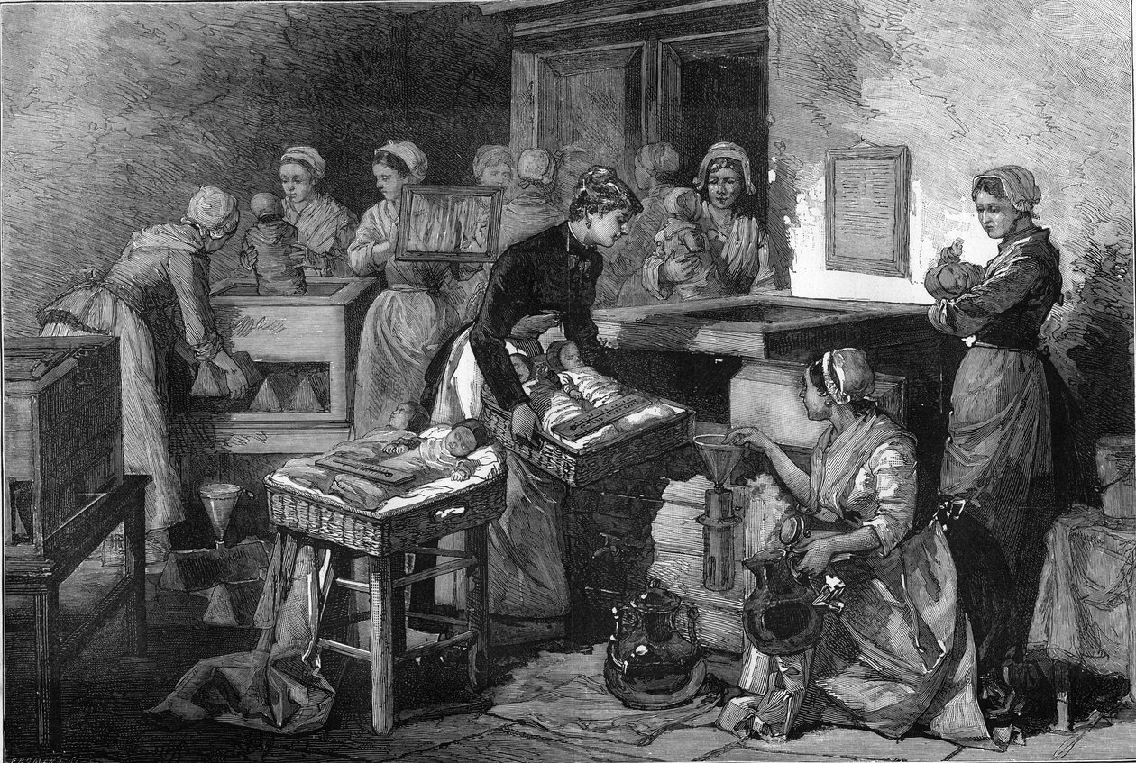 Jordemoder (jordemoder), sygeplejersker og kuvøser: Udstyret på barselshospitalet til at bevare livet for børn født før termin i Paris. Gravering i "" Le Monde Illustré"" af Unknown artist