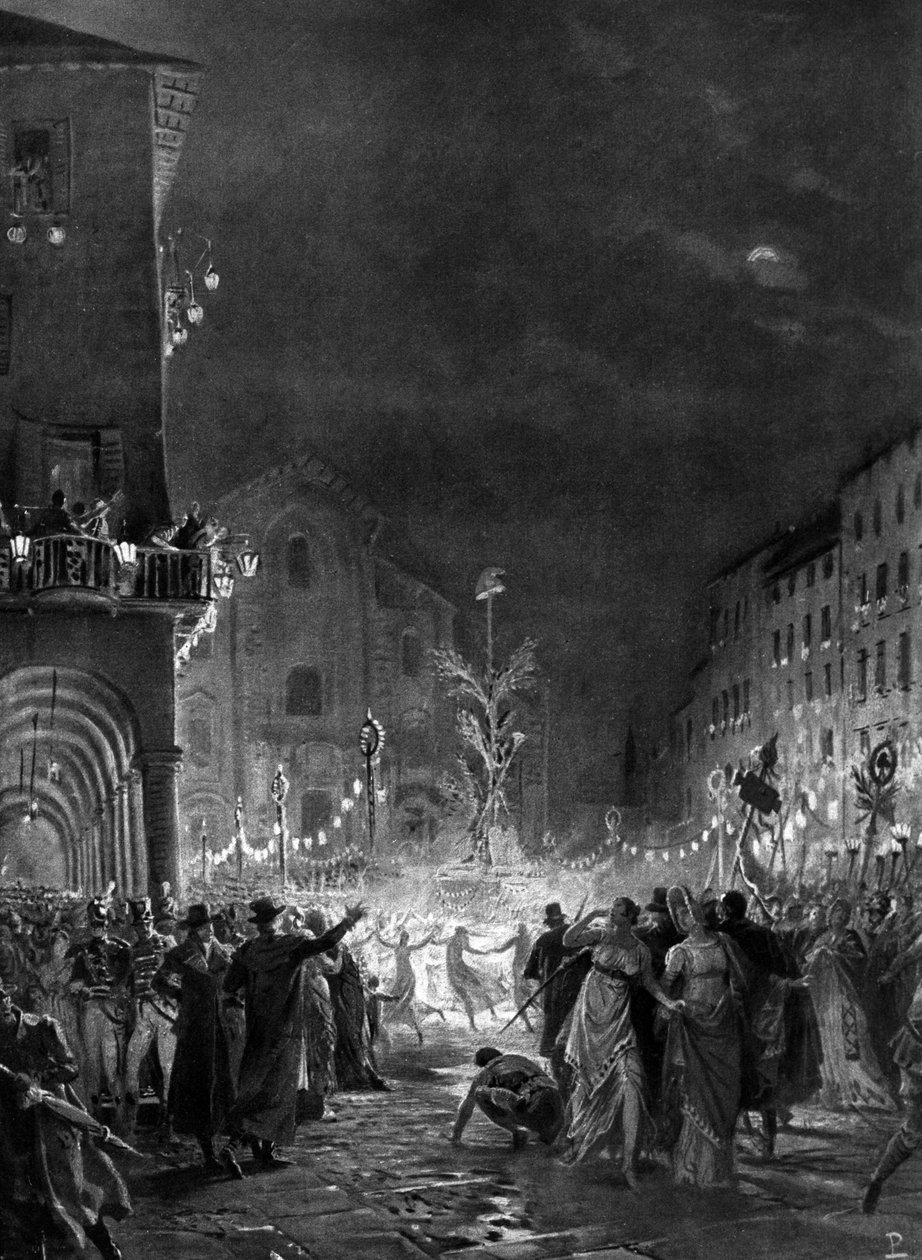 Milanesiske folkemængde i glæde omkring Frihedstræet, symbol på sejr over det gamle regime, 05/1796. Indgravering af det 19. århundrede af Unknown artist