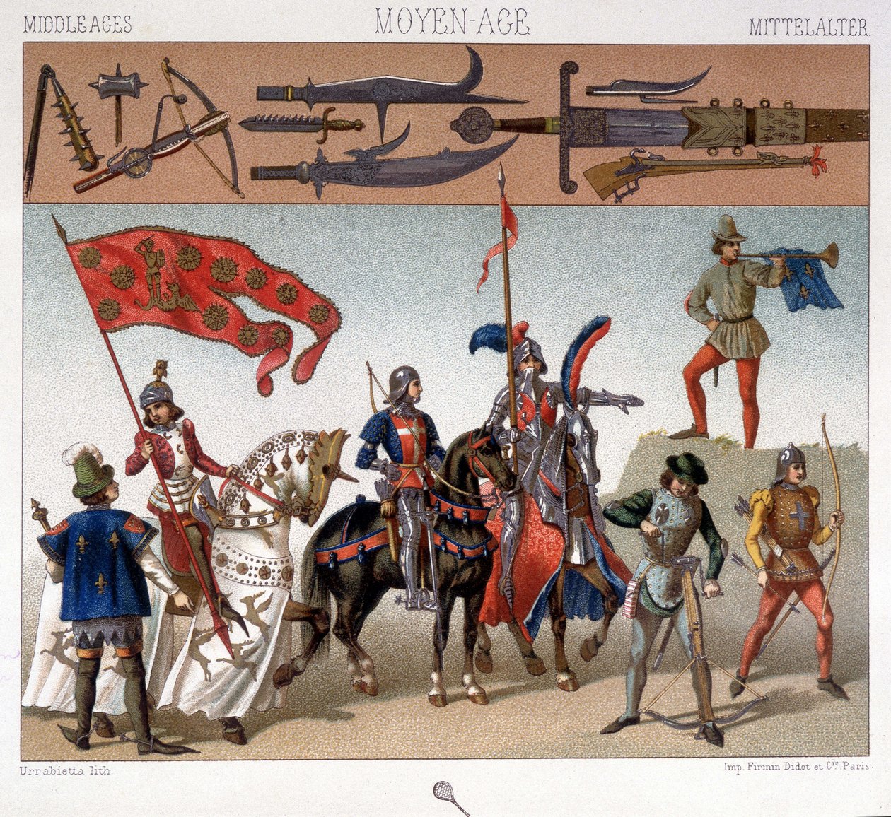 Militære dragter i middelalderen mellem 1439 og 1450. I "Den historiske dragt" af A. Racquet af Unknown artist