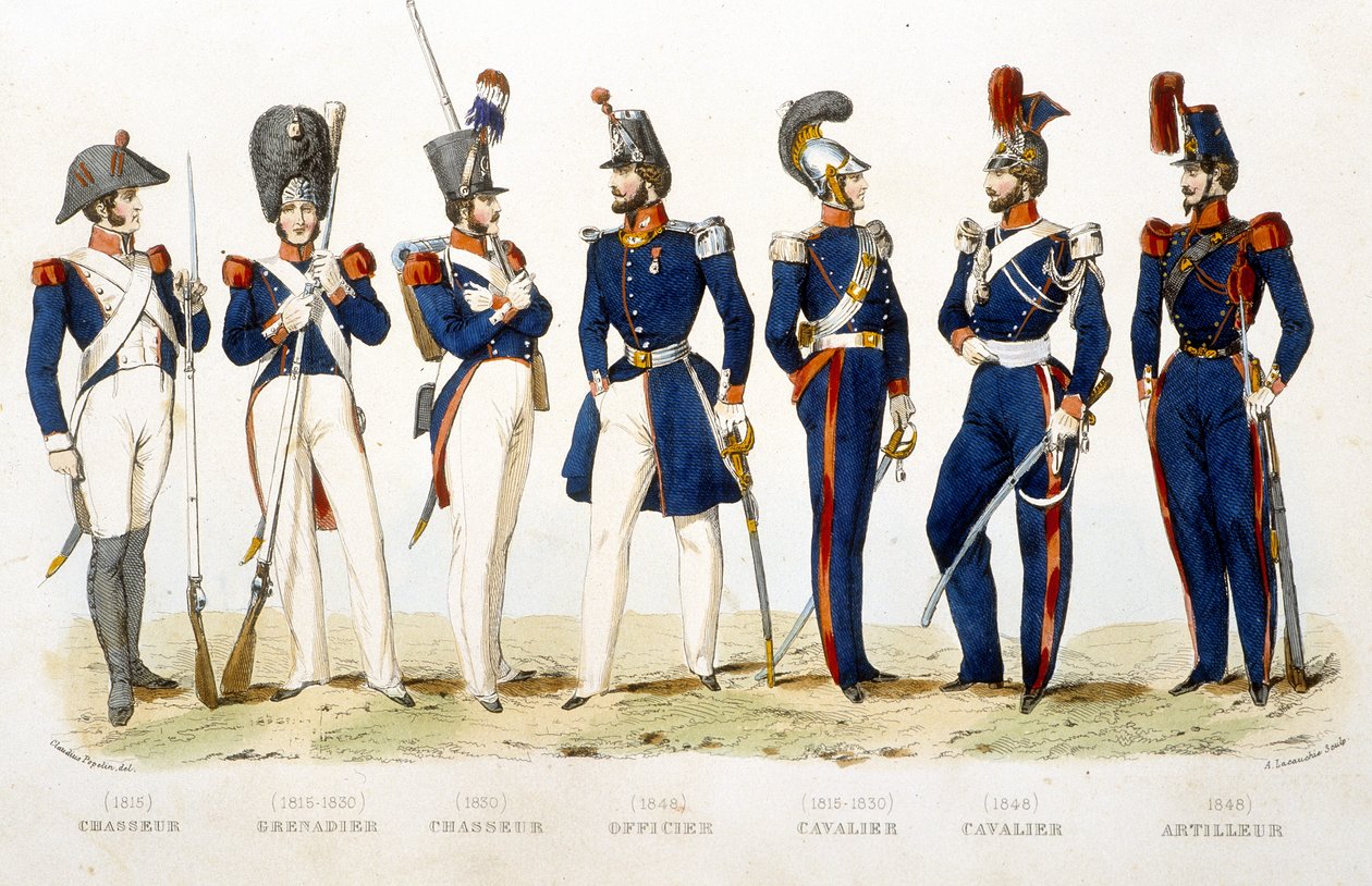 Militæruniform: jæger (1815), grenader (1815 - 1830), jæger (1830), officer (1848), rytter (1815 - 1830), rytter (1848), skytte (1848) - i "Fasttes de Gardes nationales de France" ” af Unknown artist