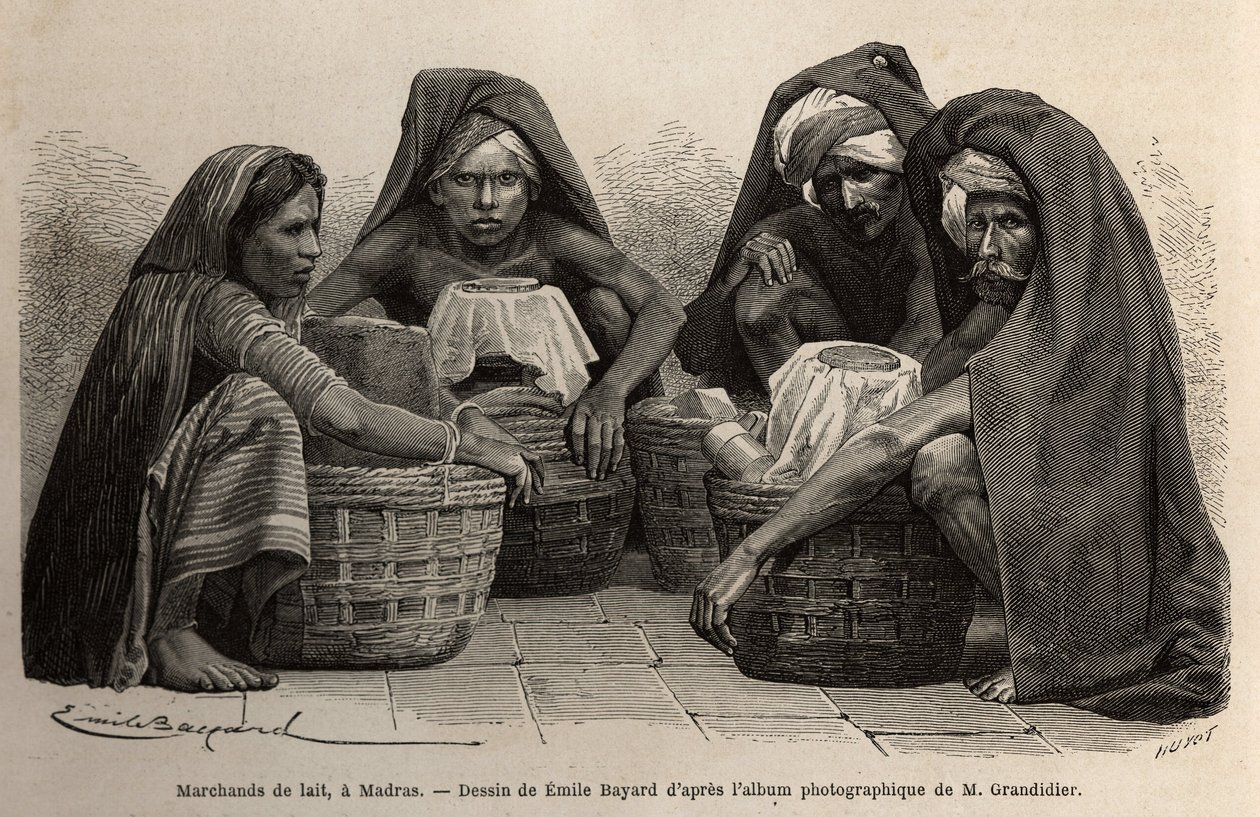 Mælkehandlere, i gaderne i Madras (nuværende Chennai, Tamil Nadu). Gravering til illustration af rejsen i Indiens meridionalprovinser af Alfred Grandidier, i 1862-1864, udgivet i "" le tour du monde" under ledelse af D