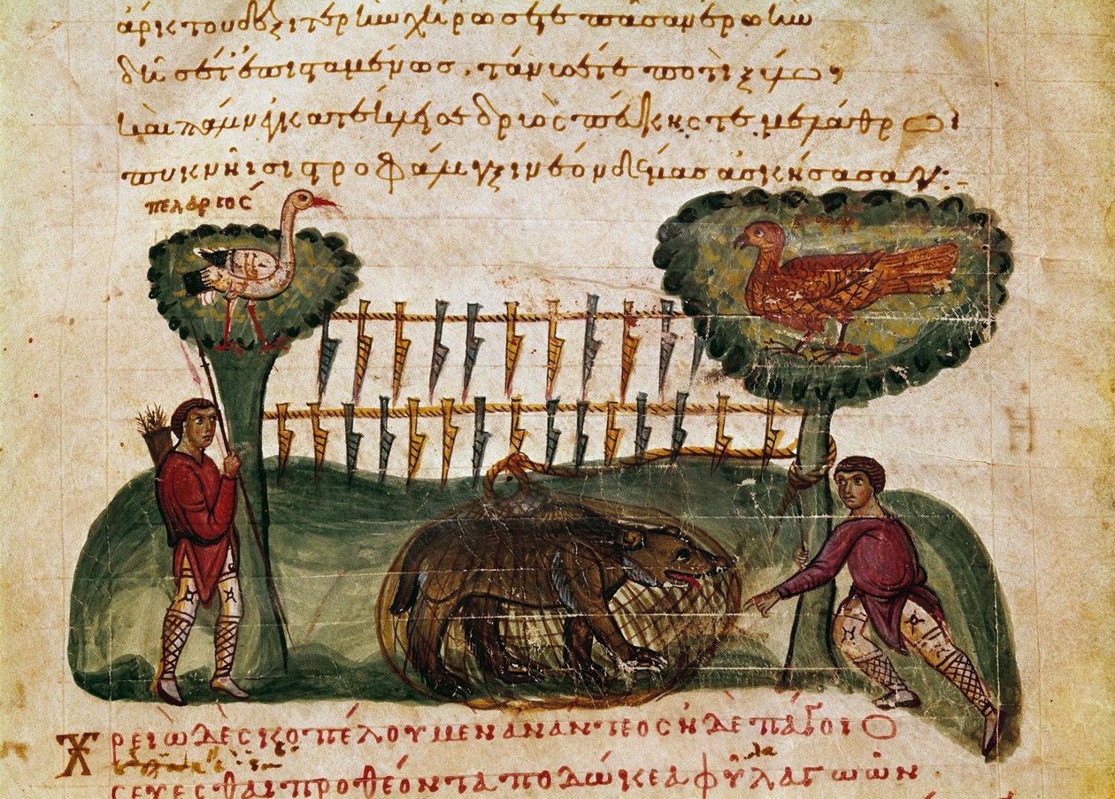 Miniature bjørnejagtscene fra jagten ""The Cynegetics"" af Oppian (Oppian eller Oppianus) fra Syrien (3. århundrede e.Kr.) dedikeret til Caracalla. Venedig fra det 11. århundrede. Marcian Bibliotek af Unknown artist