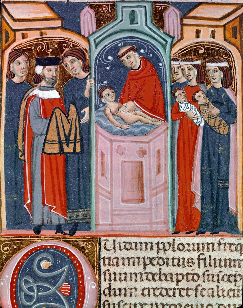 Miniature dåbsscene taget fra Justinian Code (Codex Justinianus), samling af love og institutioner udgivet under den romerske kejser Justinian I af Byzans (483-565) af Unknown artist