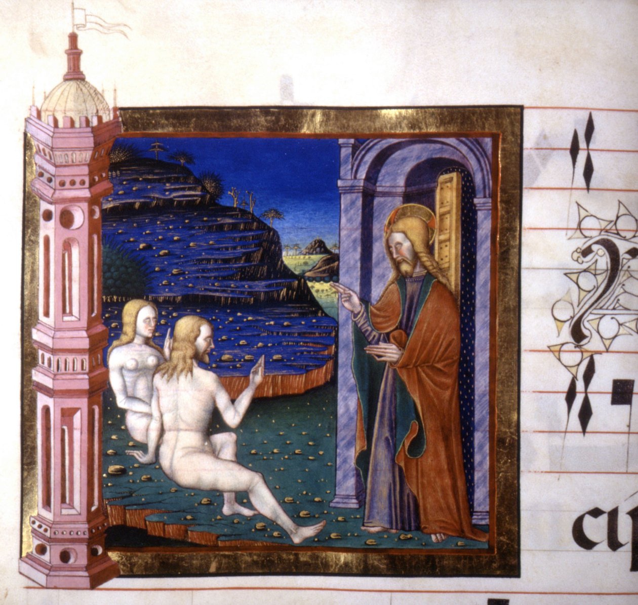 Miniature, der skildrer skabelsen af Adam og Eva af Gud. Antifonisk. 1400-tallet.Biblioteca af Lodi af Unknown artist