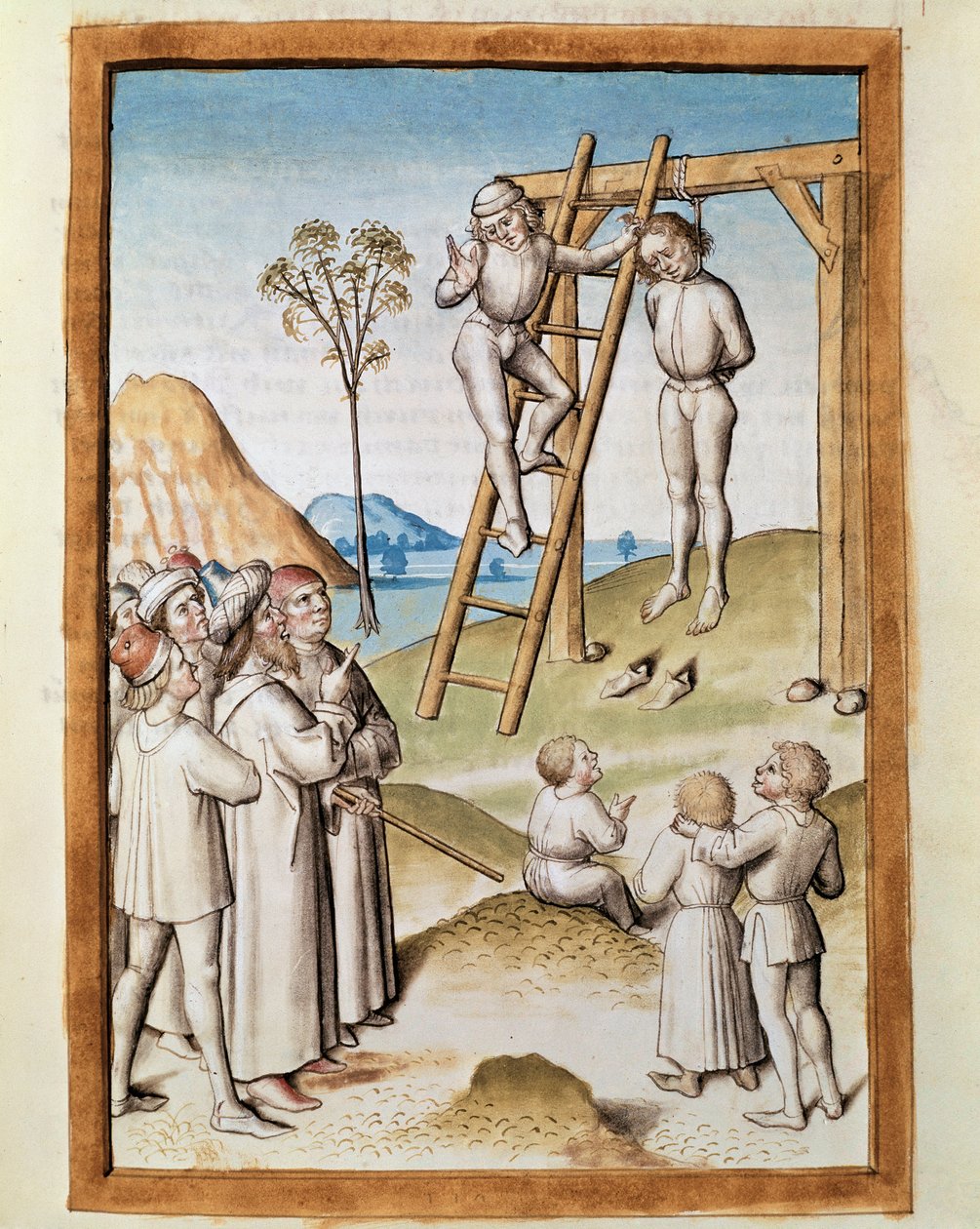 Miniature hængende scene taget fra en tysk oversættelse af fablerne om "Kalila (Calila) og Dimna" af Bidpai. (ms. 1389, fol. 117) omkring 1480 Chantilly, musee Conde af Unknown artist