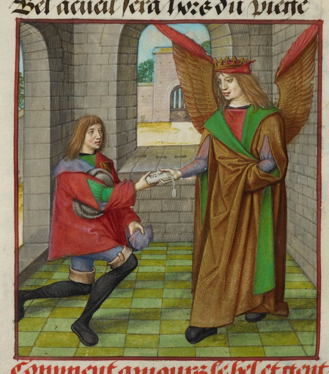 Miniature of Amour (Kærlighed), der rækker et brev til en budbringer, fra 