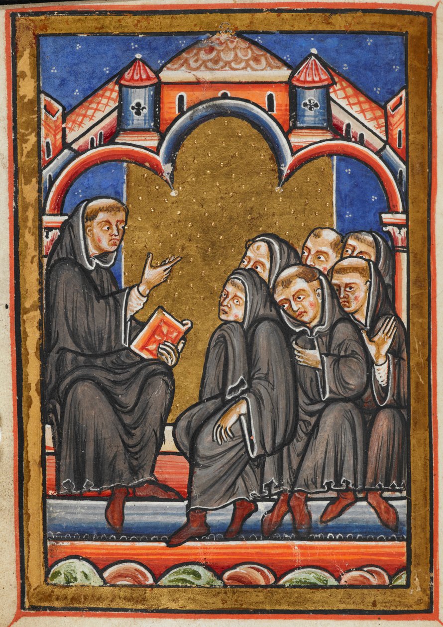 Miniature af Cuthbert, der underviser munkene i klostret Lindisfarne, fra kapitel 16 i Bedes prosa Life of St Cuthbert. af Unknown artist