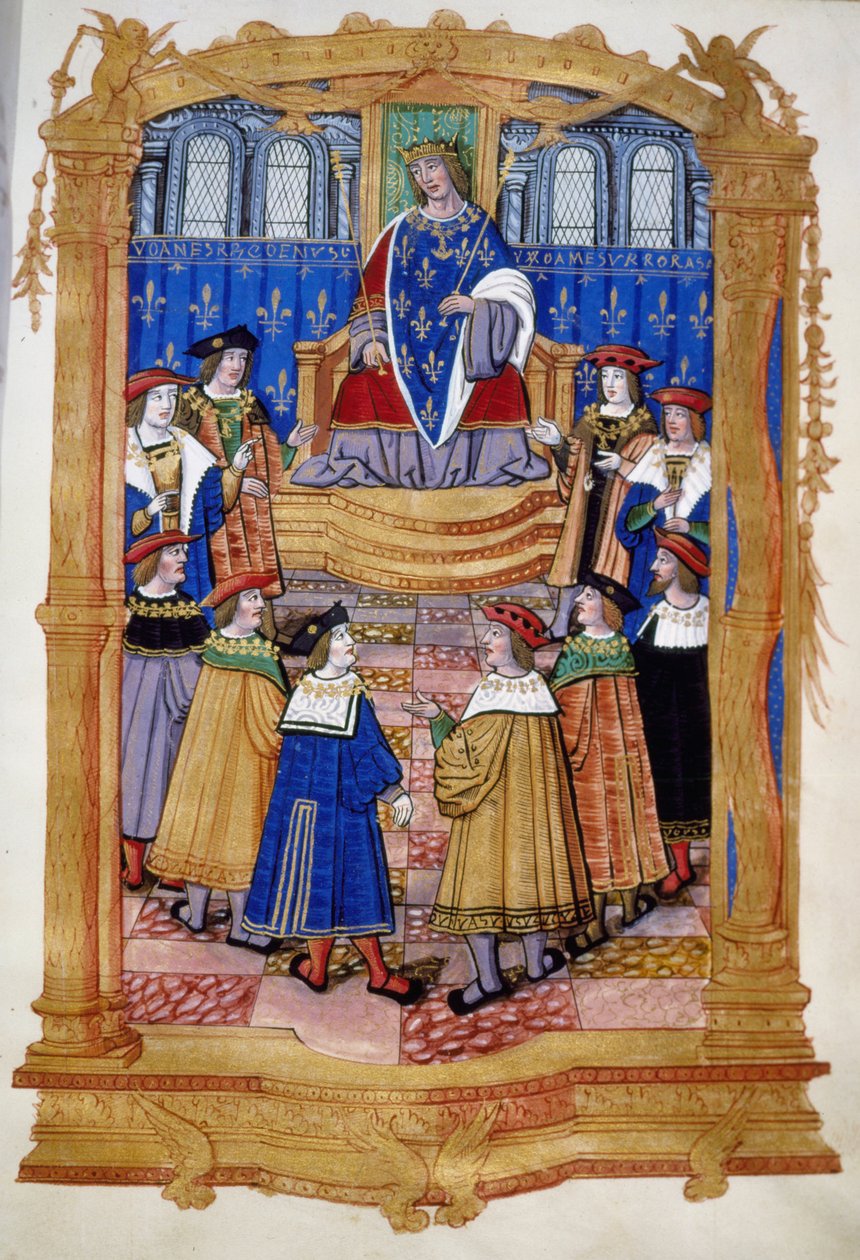 Miniature af det 15. eller 16. århundrede forestillende Ludvig XI (1423-1483) og ridderne af Sankt Mikaelsordenen. af Unknown artist