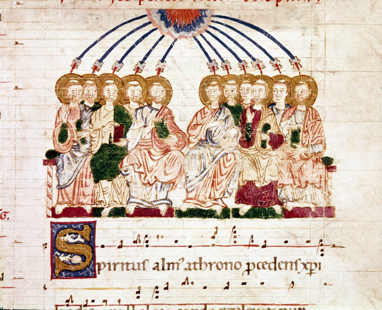Miniature pentecote fra en gradvis antifonær (tropair) (ms. 65) Plaisance fra det 12. århundrede, Biblioteca Capitolare af Unknown artist