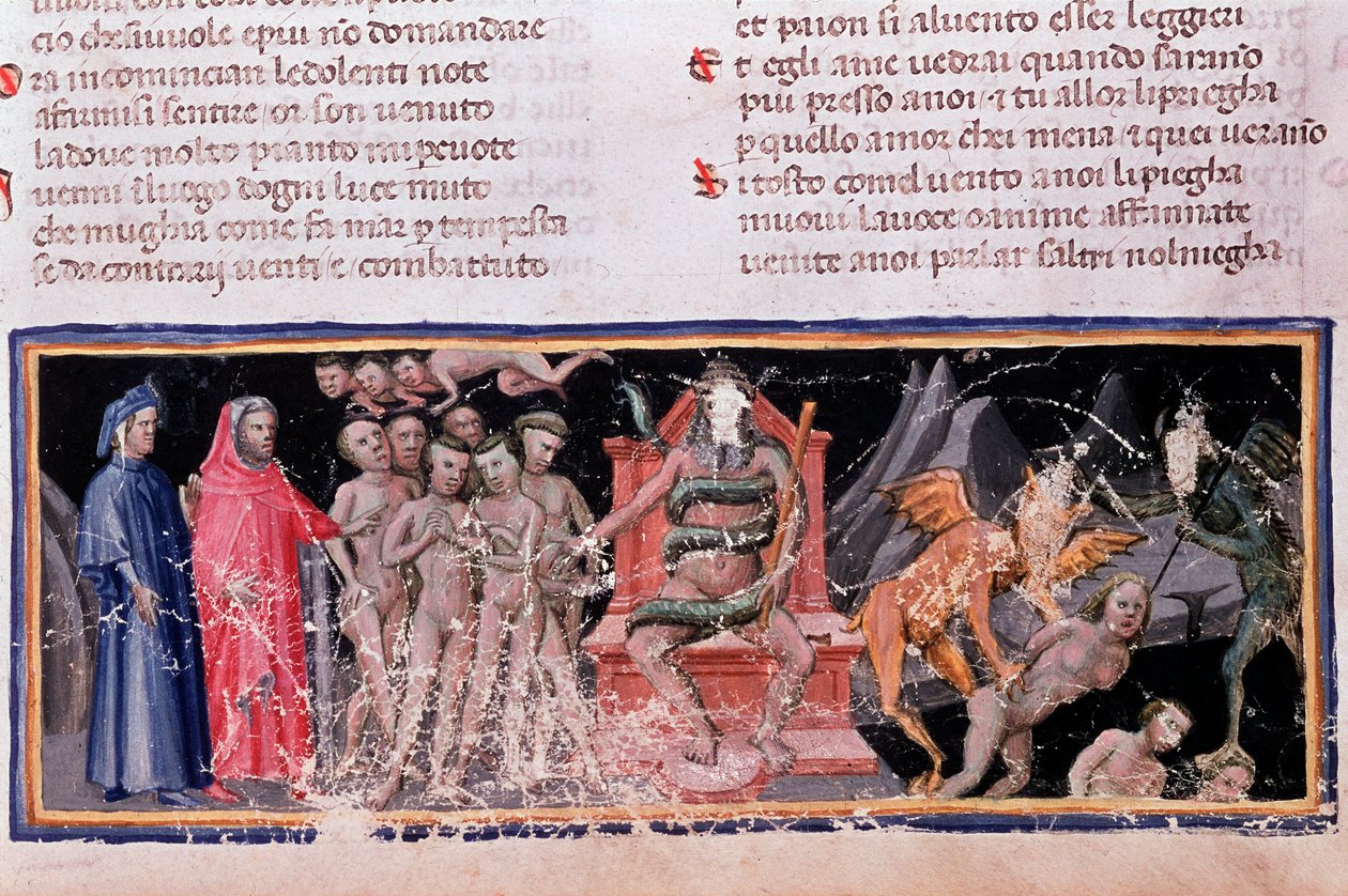 Minos dømmer overtrædelserne og sender sjælene (sang 5 af Helvede, i den guddommelige komedie) - miniature af Unknown artist