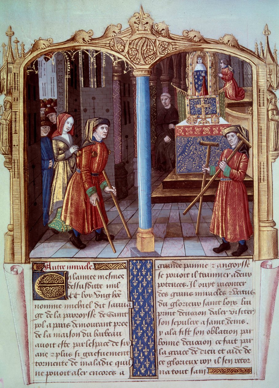 Miracle of Saint Louis (1214-1270): en lams kriger med bequille. Miniature i "" Life and miracles of Saint Louis"" af Unknown artist