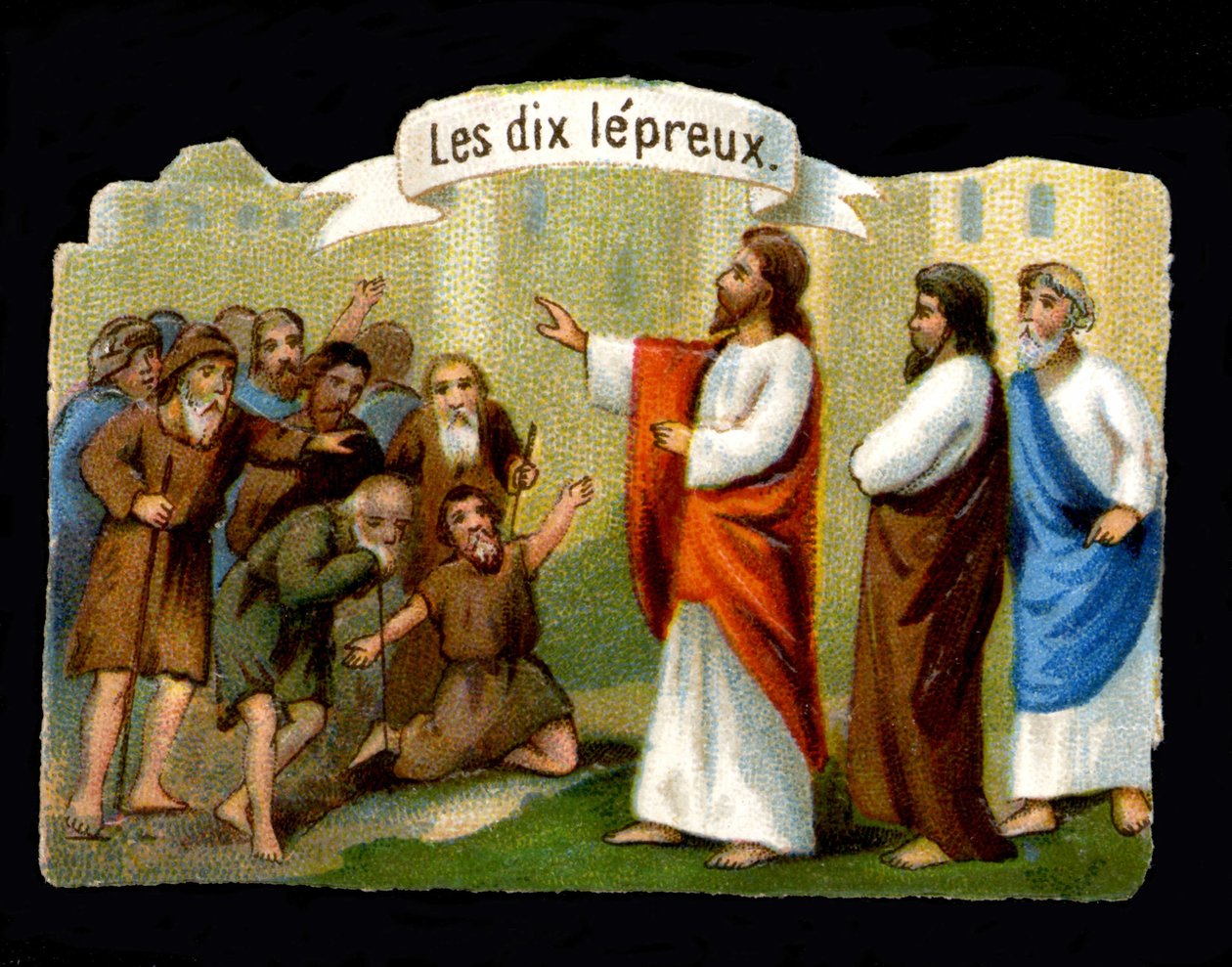 Jesu mirakler. Kristus, der fører de spedalske. 1800-tallets kromolitografi. af Unknown artist