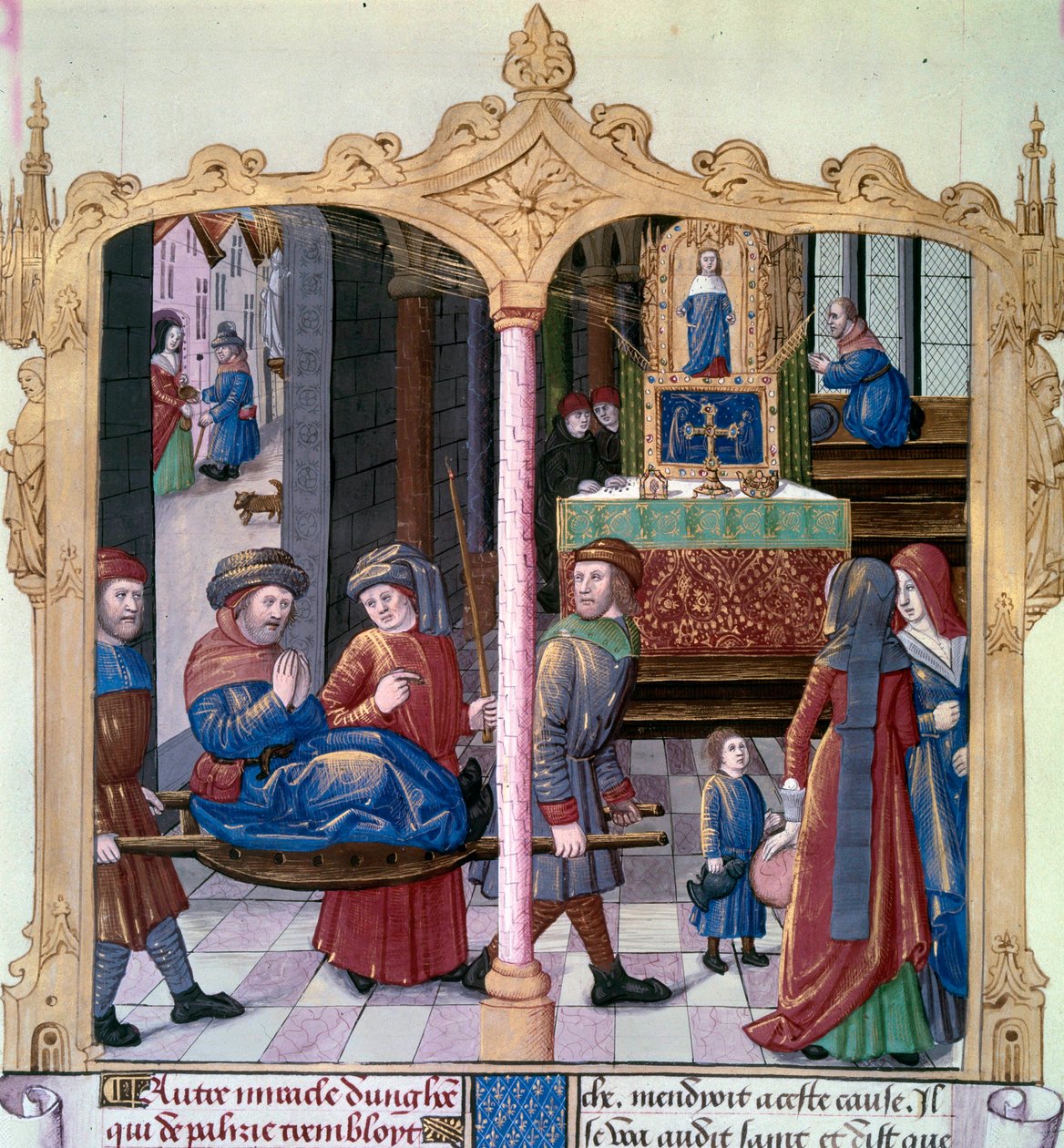 Mirakler fra Saint Louis: Kong Ludvig IX (1214-1270) kæmpede mod en lammet. Miniature fra et manuskript "The Book of Facts Monsignor Saint Louis"" 1400-tallet. Paris, B.N af Unknown artist