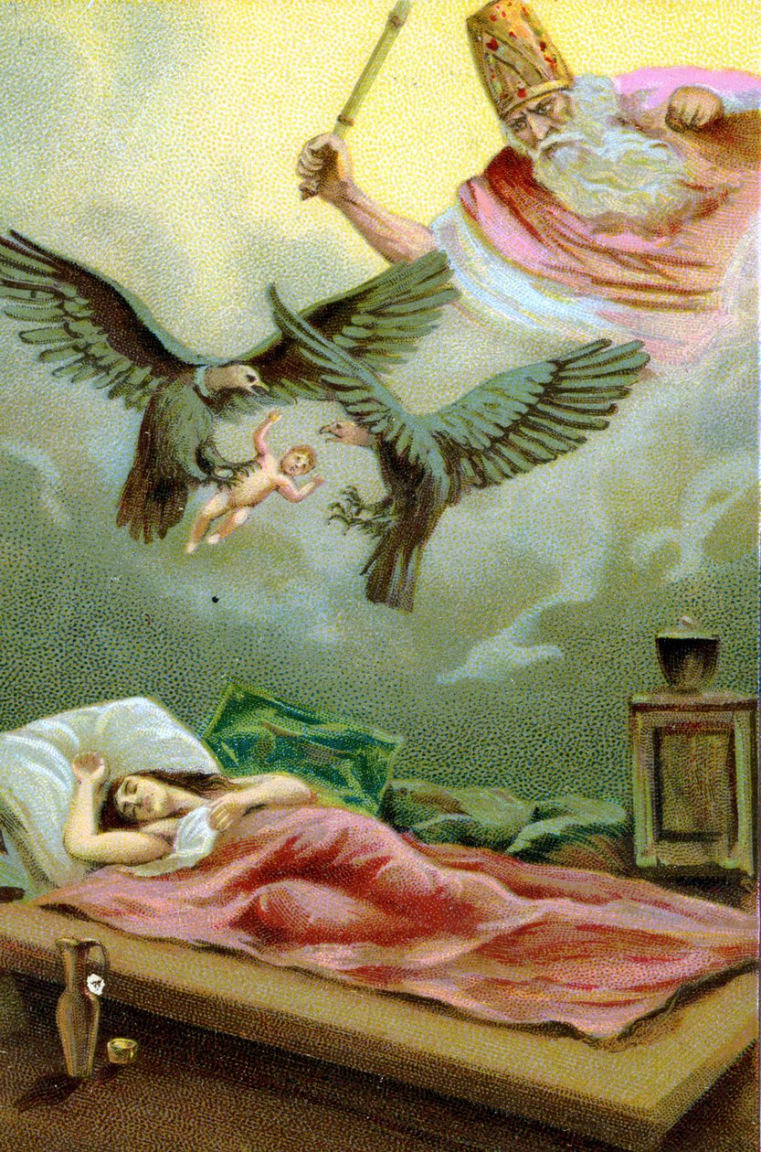 Mirakuløs fødsel af Zarathustra (Zarathushtra, Zarathushtra, Zarathustra eller Zoroaster), iransk profet og religiøs reformator (6. århundrede f.Kr.). kromolitografi fra det 19. århundrede. af Unknown artist