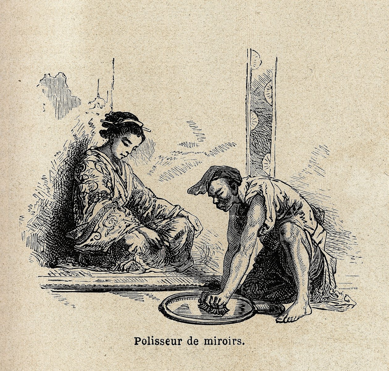 Spejl polermaskine. Gravering til illustration af rejsen til Japan i 1863-1864 af Aime Humbert, minister for Det Schweiziske Forbund, i "Le tour du monde, nouveau journal des voyages", udgivet under ledelse af Edouard Charton af Unknown artist