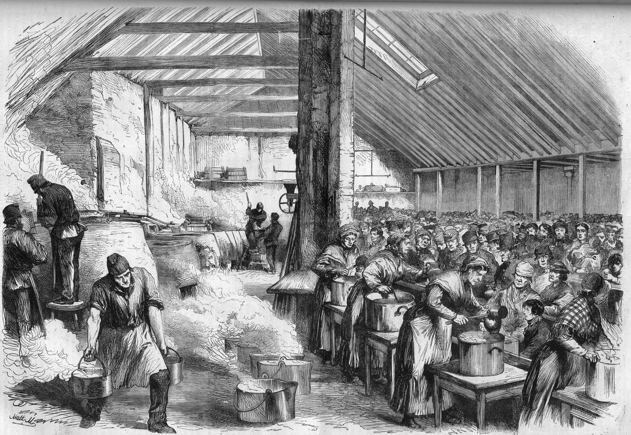 Misere i London: Offentlig distribution af mad til de fattige i London i Spitalfields. Indgravering i ""Det illustere univers"" af Unknown artist