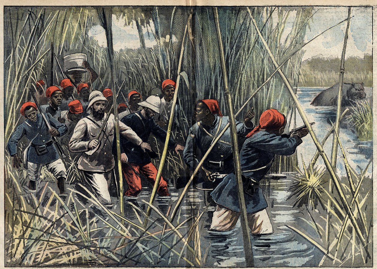 Mission Marchand (1896-1899) til Fachoda (Sudan): den franske kaptajn Baratier (1864-1917) og hans tropper rykker frem gennem marsken mod Fachoda. (Ifølge kaptajn Baratiers logbog). Illustration i "" Le Pelerin"" af 6. november af Unknown artist