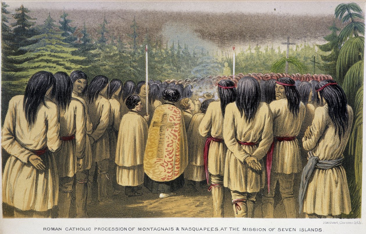Mission of the Seven Islands: Katolsk procession af Montagnais og Nasquapees ved House of the Seven Islands - i "Exploration of the Labrador Peninsula" af Hind, London af Unknown artist