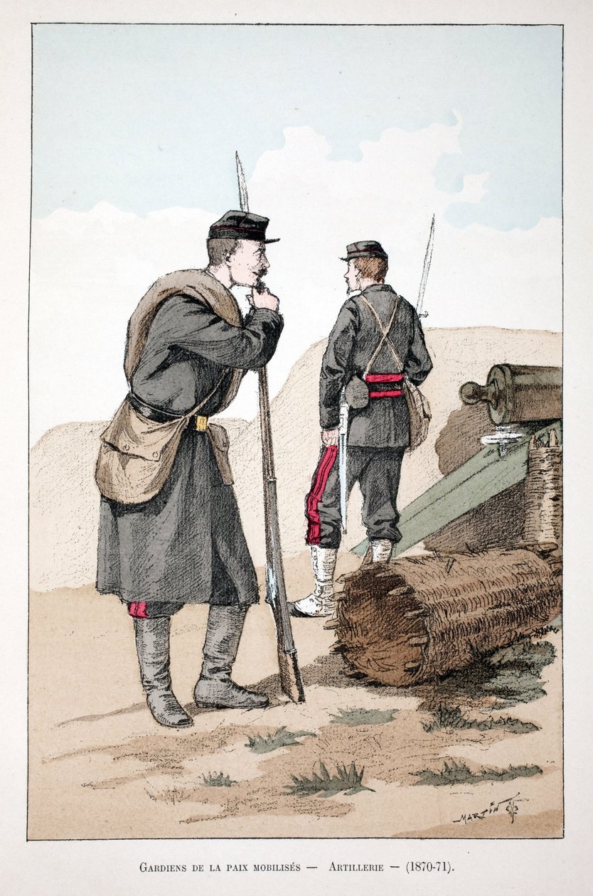 Mobiliserede fredsbevarende styrker (1870-1871). Radering i farver, til illustration "" Historien om korpset af fredsbevarende styrker""" bog udgivet i regi af Louis Lepine (1846-1933), præfekt for politiet på Seinen, af Alfred Rey (1864-?) og Louis Feron af Unknown artist