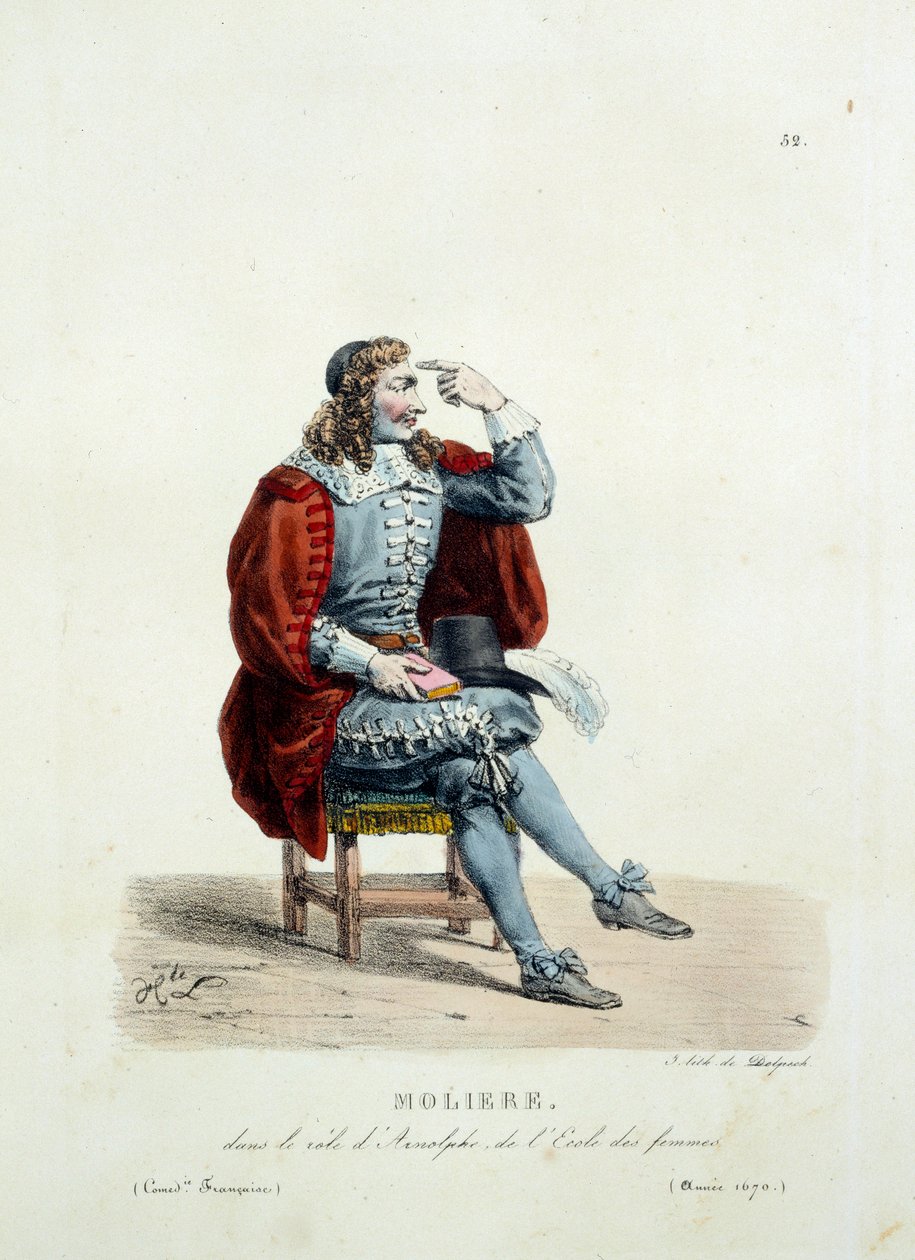 Molieres kostume i rollen som Arnolphe i stykket "Kvindernes skole"" i 1670. Kostume af fransk komedie af Hippolyte Lecomte (1781-1857). Indgravering af det 19. århundrede. Saml. Lad os gå. af Unknown artist