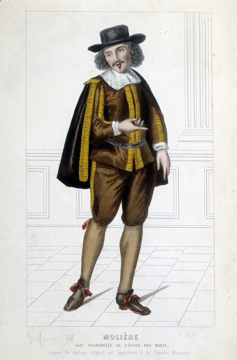 Molière i rollen som Sganarelle i stykket "The school of husbands"" af Unknown artist