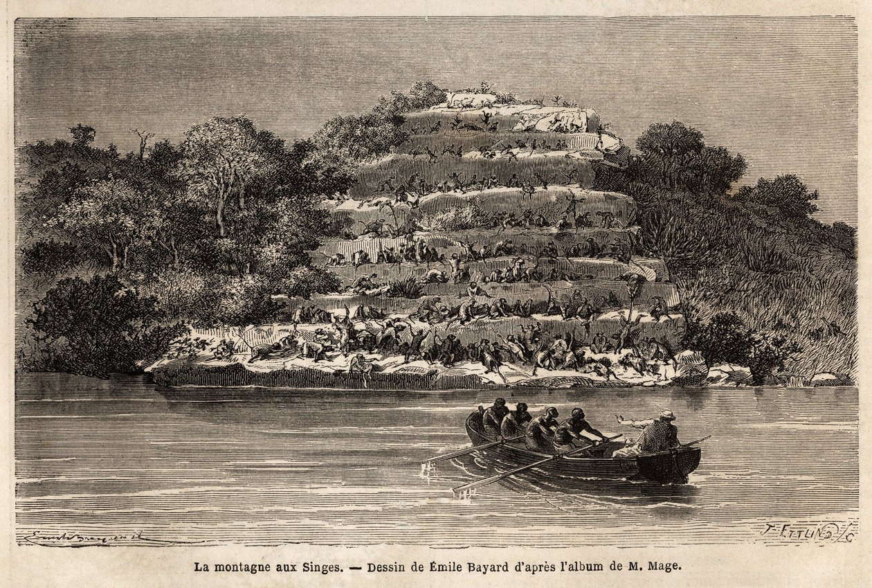 Monkey Mountain, langs Senegal-floden, kort efter Gouina Falls (Mali). Indgravering til illustration af historien om løjtnant Mages rejse i det vestlige Sudan mellem 1863 og 1866, offentliggjort i "Le tour du monde, nouveau journal des voyages"" under d af Unknown artist
