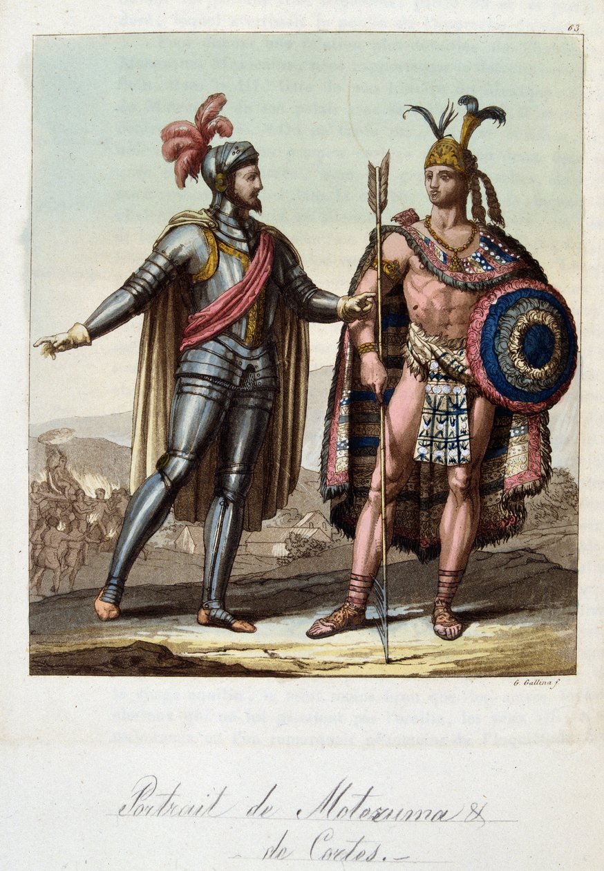 Montezuma II, Aztec King, og Hernan (eller Hernando) Cortes eller Fernand Cortez (1485-1547), spansk erobrer - i "" The Old and Modern Costume"" af Ferrario, red. Milano af Unknown artist