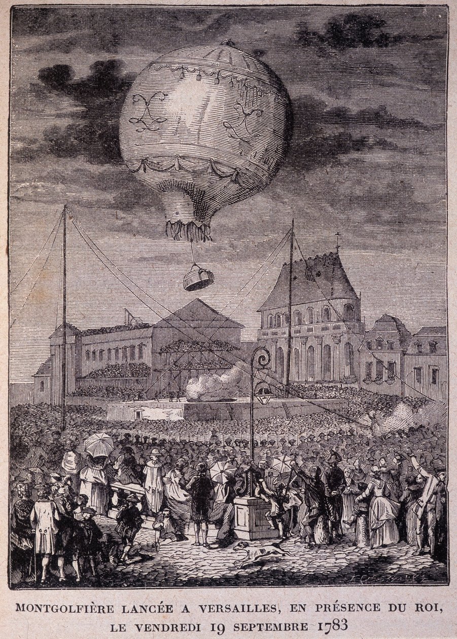 Montgolfiere lanceret i Versailles, i nærværelse af kongen (Louis XVI), fredag 19/09/1783 - i "" Les Contemporains"", n.d. slutningen af 1800-tallet. af Unknown artist