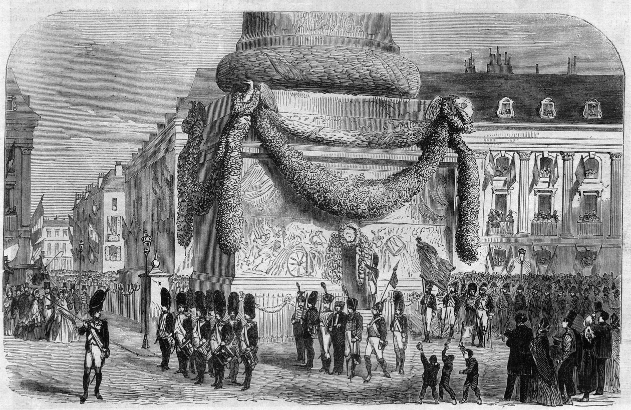 Nationalfestens morgen den 15. august 1864 ved foden af søjlen på Place Vendome i Paris. Indgravering i "The Illustrious Universe" af Unknown artist