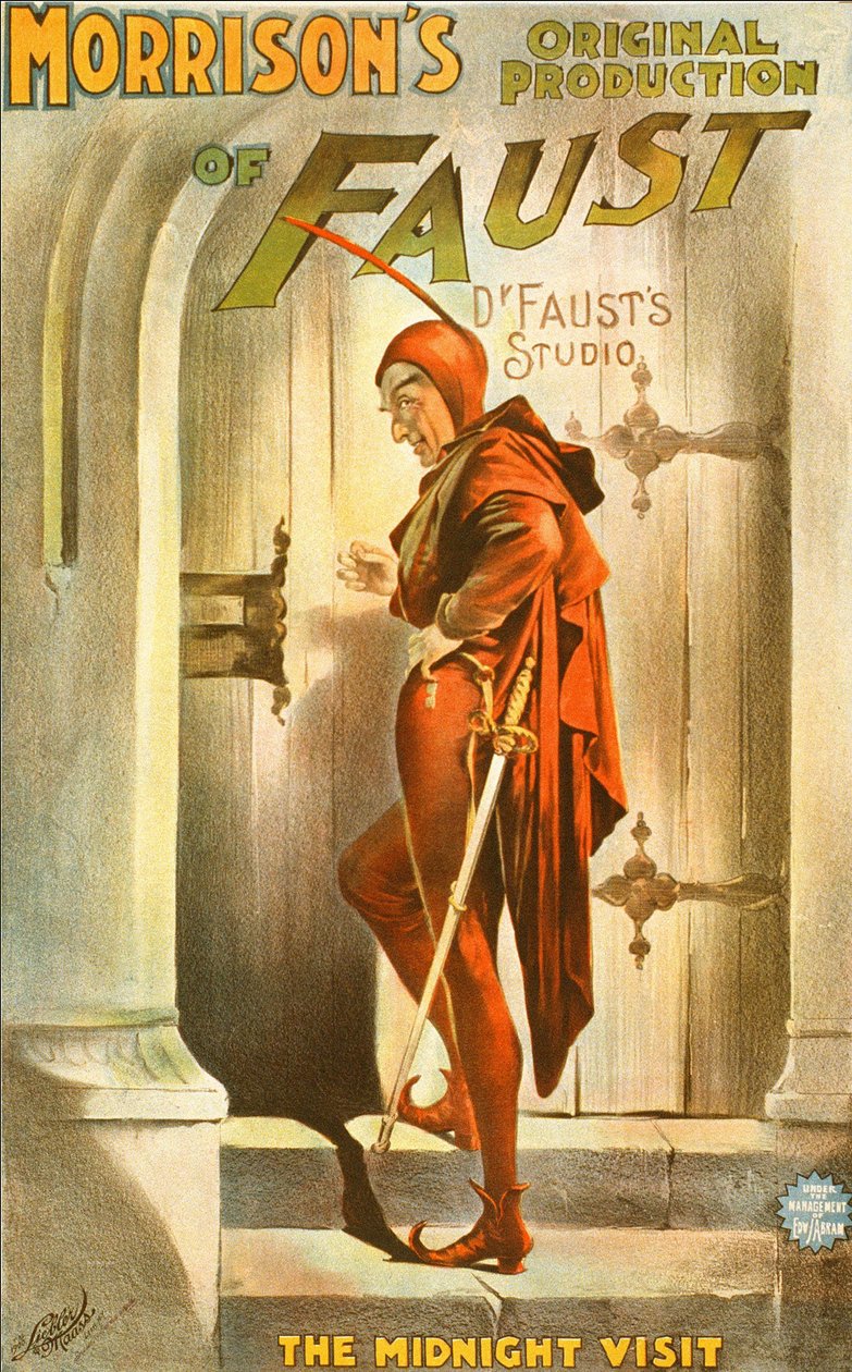 Morrisons originalproduktion af Faust: midnatsbesøget - plakat for et skuespil: illustration af Fausts besøg af Unknown artist