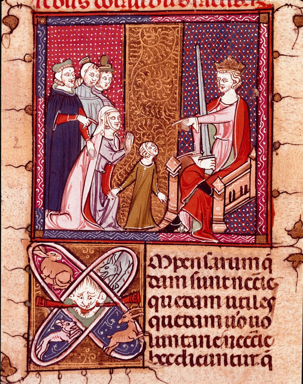 Mor og barn optræder for en konge, repræsentant for Justice Miniature taget fra "Justiniani in Fortiatum"" 1300-tallets kongelige bibliotek i Escorial Monastery (Escorial), Spanien af Unknown artist