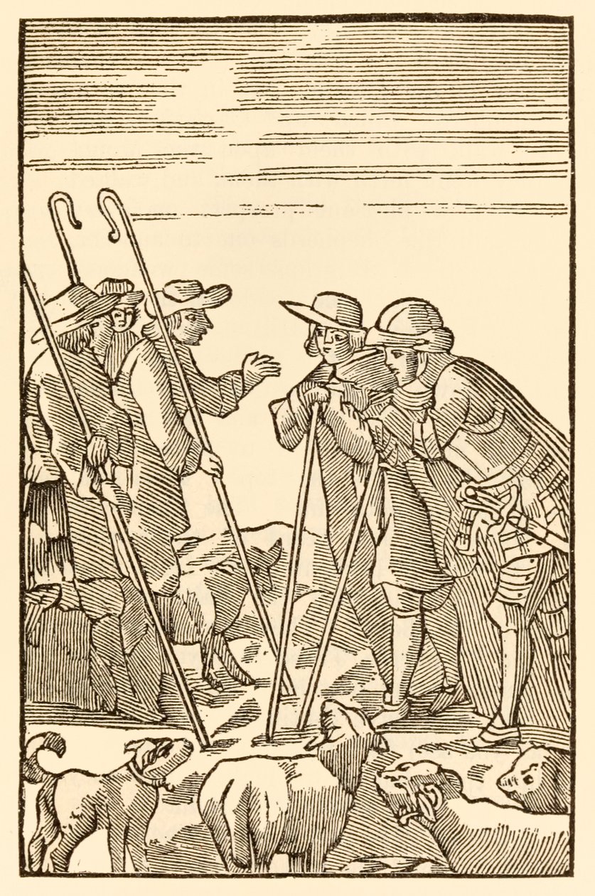Bjerg Delectable de bestiger nu fra The Pilgrims Progress From This World, To That Who Is To Come af John Bunyan (1628-1688) Christian and Hopeful meet the Shepherds: Knowledge, Experience, Wat af Unknown