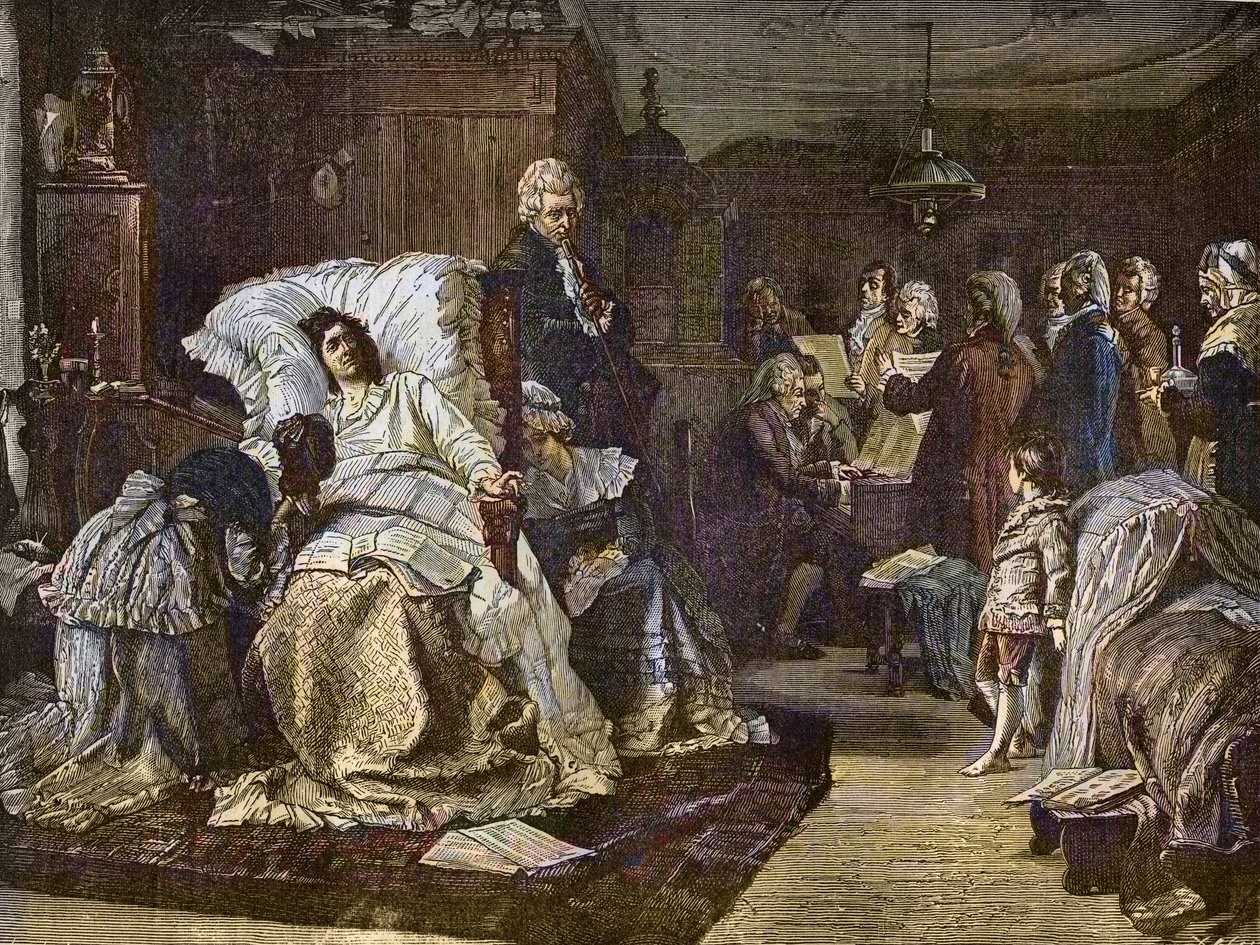Mozarts sidste dage efter maleri af Hermann Kaulbach (1846-1909) - Gli ultimi momenti di Mozart - sidste dag af Wolfgang Amadeus Mozart - indgravering i "" Popular Music""" berømte ugeavis - 1882 af Unknown artist