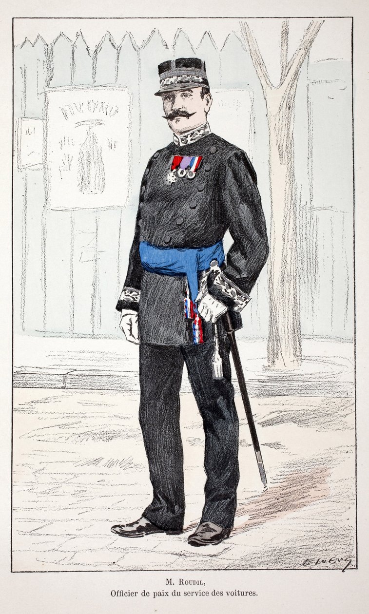 Mr. Roudil, fredsofficer i biltjenesten. Radering i farver, til illustration "" History of the Corps of Peacekeepers""" bog udgivet i regi af Louis Lepine (1846-1933), præfekt for politiet på Seinen, af Alfred Rey (1864-?) og Lo af Unknown artist