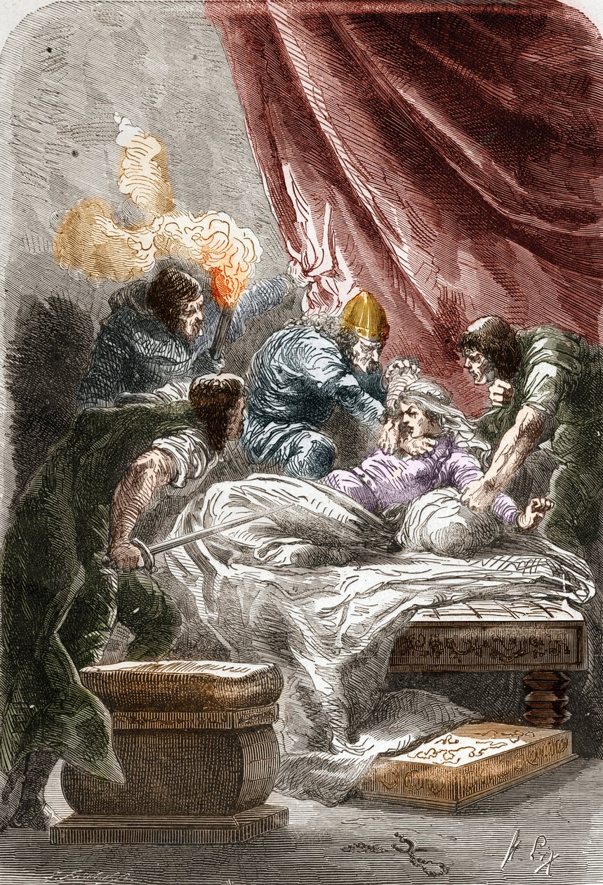 Mordet på Galswinthe (Galsuinde) (Galsuinte) (ca. 545 - 567), dronning af frankerne i Neustrien, hustru til Chilperic I (konge af frankerne). Indgravering i "" Histoire De France En Cent malerier af Paul Lehugeur "" 1891 af Unknown artist