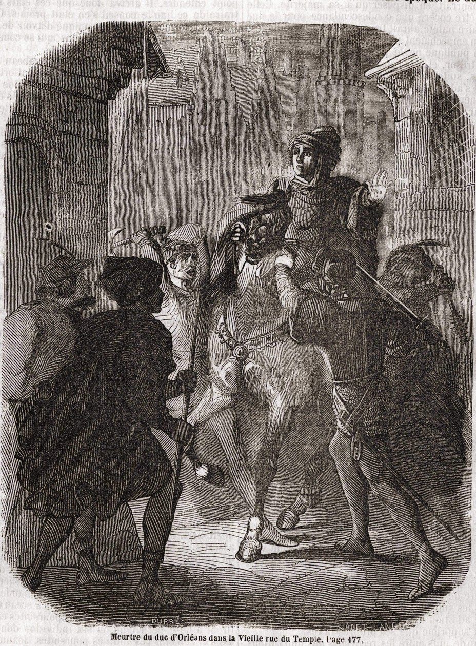 Mordet på Louis I af Valois, hertugen af ​​Orléans (1372 - 1407) i den gamle rue du Temple af Jean Sans Ppeur - i "" Histoire de France"" af L.-P. Anquetil af Unknown artist
