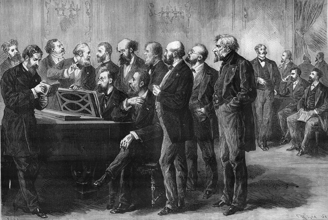 Musikkonkurrence i byen Paris i 1878. Juryen på Palais du Luxemburg undersøger partiturene "Pardis lost" og "Mug". Fra venstre mod højre: Column, Perrin, Cherouvrier, Gounod, Boulanger, Camille Saint Saens (Saint-Saens), Lenepveu, vaucorbe af Unknown artist