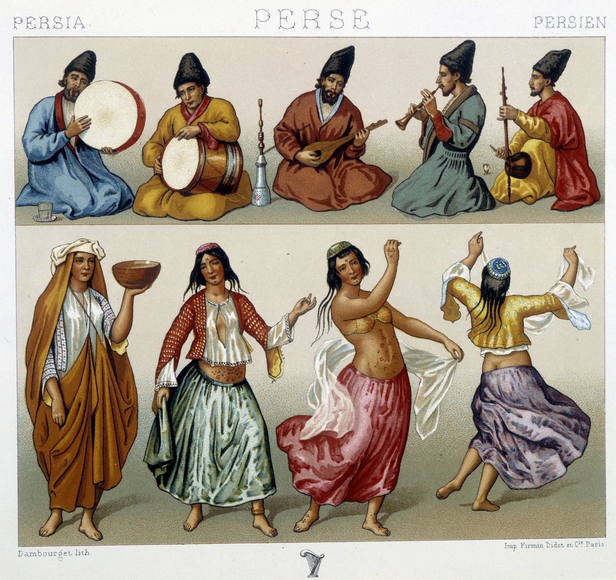 Musikere og dansere i Persien - i "" Det historiske kostume"" af Racinet af Unknown artist