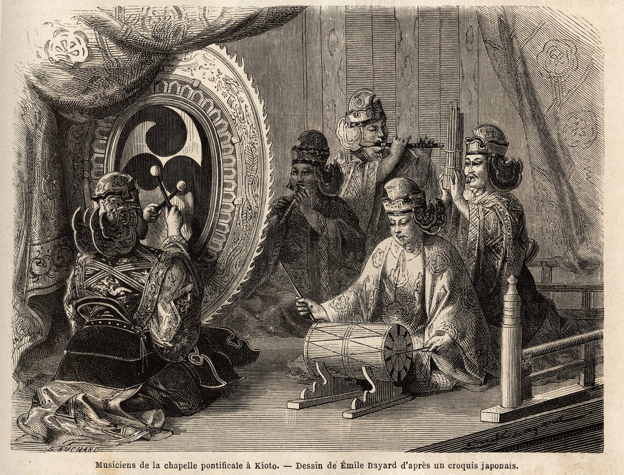 Musikere fra det pavelige kapel i Kyoto (eller Kioto), der spiller fem hellige instrumenter, fløjtetraversiere og fløjte af pan, marinekonkylie, pauker og kakdaiko, den originale gong. Gravering til illustration af rejsen til Japan i 1863-1864, af Aime Hum af Unknown artist
