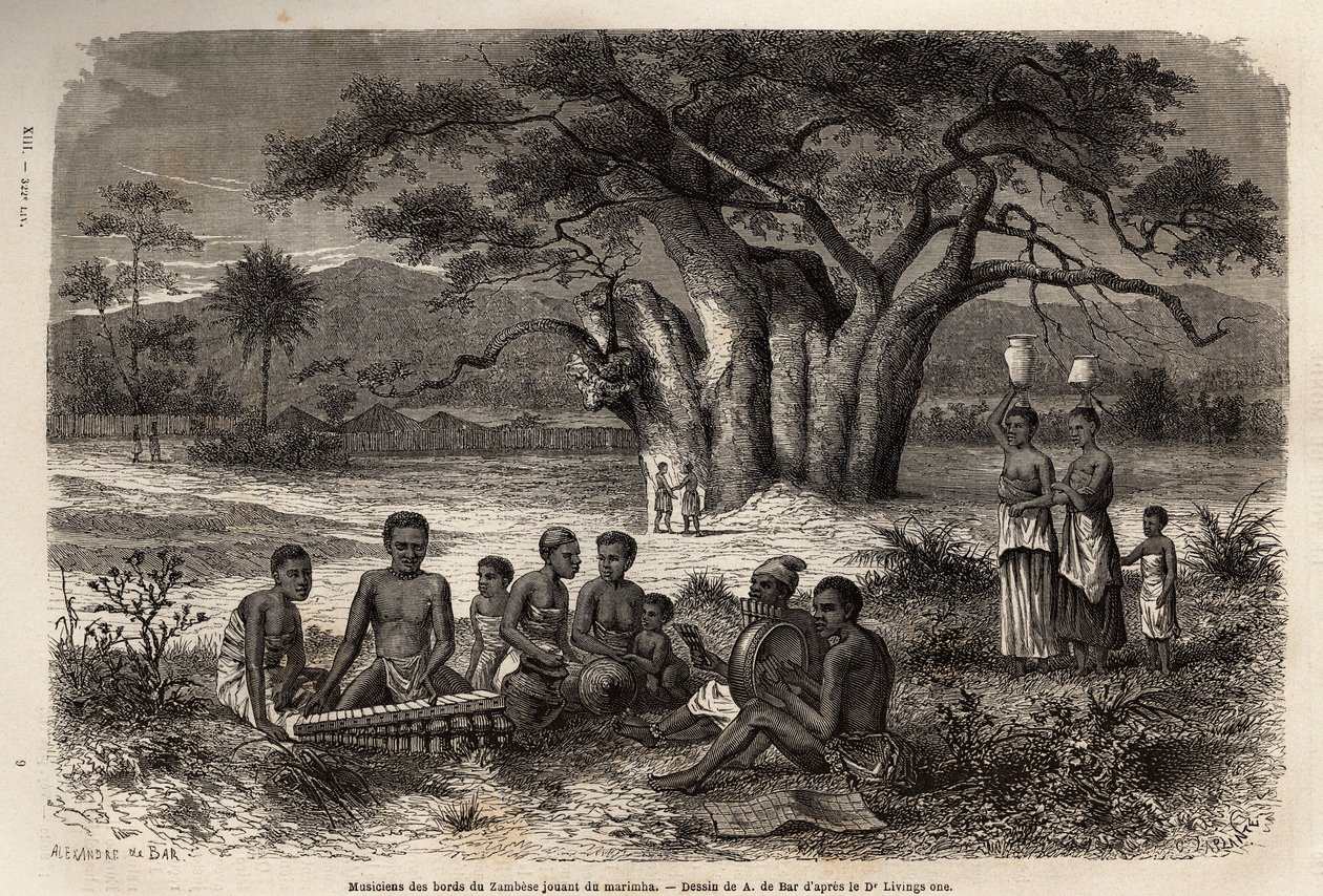 Musikere, der spiller marimba (en blanding af balafon og præcolombianske instrumenter) på bredden af Zambese-floden. Indgravering til illustration af Dr. Livingstones første rejser til det sydlige Afrika fra 1840 til 1856, i "Le tour du monde, nouveau jour af Unknown artist