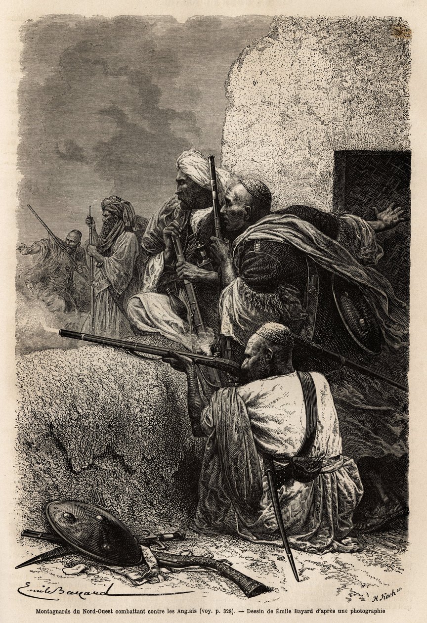 Muslimske bjergbestigere genbosatte sig i Svats bjerge og kæmpede mod en engelsk ekspedition i 1863 for at stoppe plyndringen af landsbyer i regionen. Gravering for at illustrere historien om Pandjab og Kashmir, af Guillaume Lejean i 1866, udgivet i "" Le  af Unknown artist