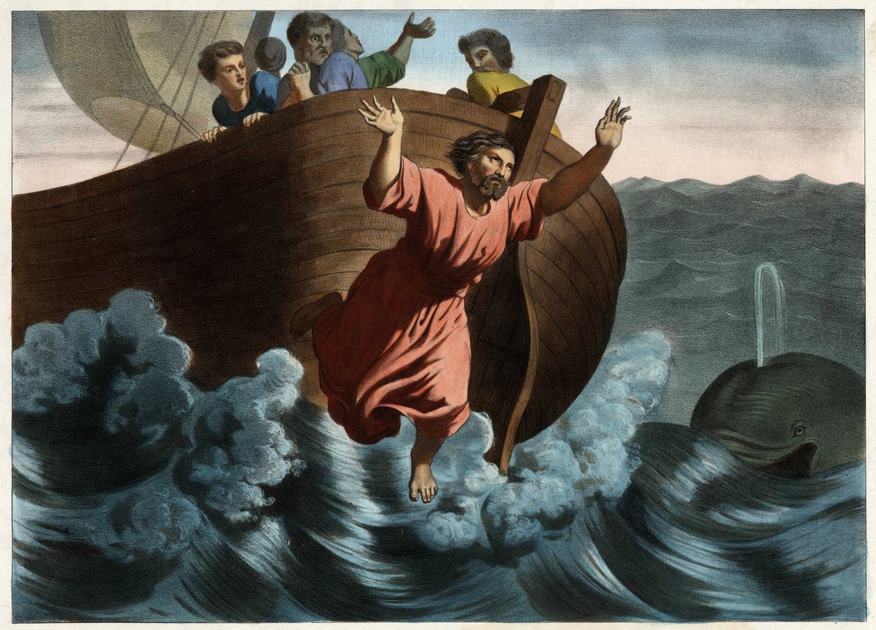 Udnævnt til ansvarlig for stormen, der truede skibet, foreslog Jonas, at det skulle kastes over bord. Gud sendte en fisk, der slugte profeten. Anonym stik fra midten af 1800-tallet. af Unknown artist