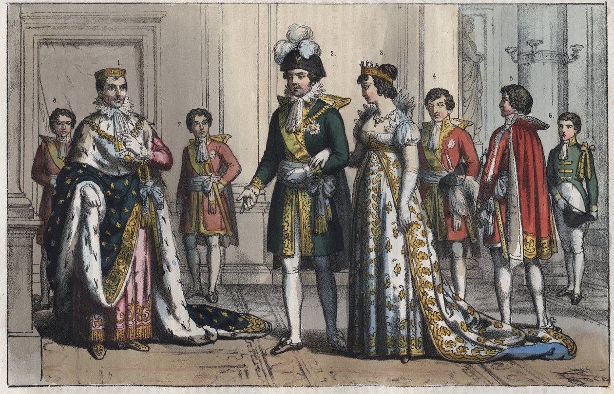 Napoleon Bonaparte (1769-1821), som konge af Italien - Vicekonge (vicekonge) - en vicekongens hustru - Butler - Lord Chamberlain - Page-boy - equerry - ceremonimester - gravering fra "" Skikke og skikke for alle folk i universet. Eller regeringens historie af Unknown artist