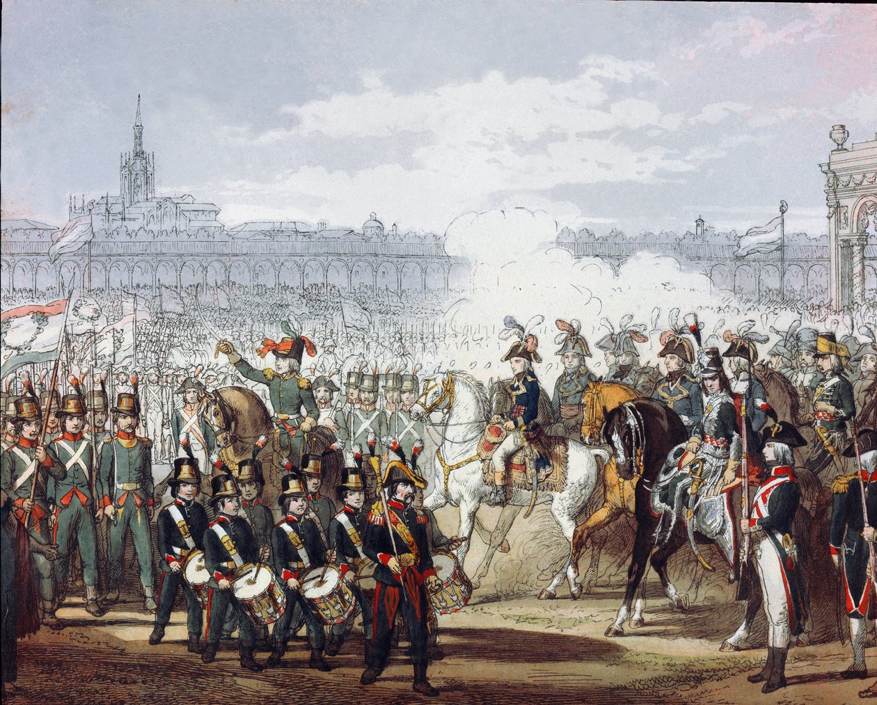 Napoleon Bonaparte (1769-1821) gennemgår den lombardiske og cispadanske legion af militsen den 09/07/1797 Akvarelgravering. Milano, Museo del Risorgimento af Unknown artist