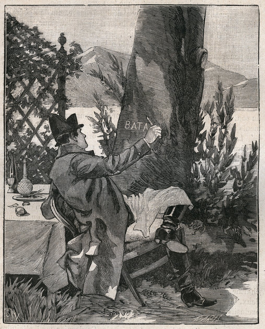 Napoleon Bonaparte (1769-1821) skrev ordet "Bataglia" på stammen af et laurbærtræ på øen Isola Bella ved Maggiore-søen (Lago Maggiore), tre dage før slaget ved Marengo i 1800. Indgravering fra 1885 i "" Les arts et metiers illustres” af Unknown artist