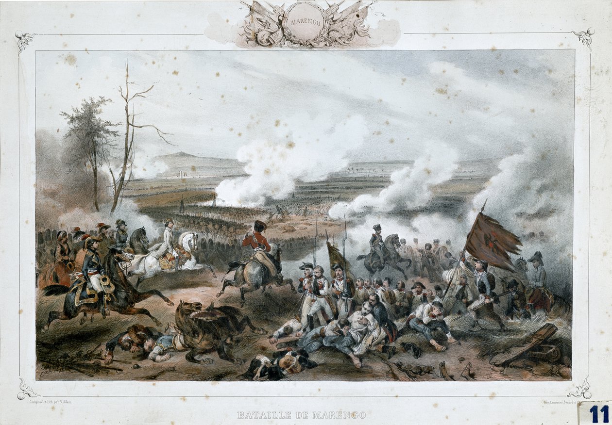 Napoleon Bonaparte i slaget ved Marengo, hvor den franske hær slog de østrigske tropper (farvetryk) af Unknown Artist