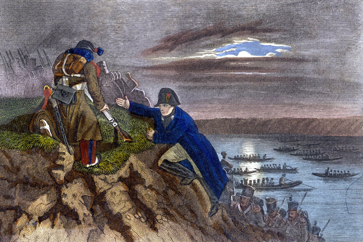 Napoleon Bonaparte krydsede Donau i maj 1809. af Unknown artist